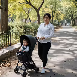 the woman is pushing her stroller in the park