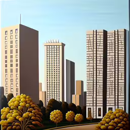 a painting with large buildings in the background,a large city with buildings in the background