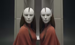 two mannequins are pictured with headpieces to depict the past