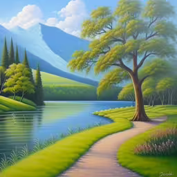 painting with a path that leads to a pond and mountains in the background,a painting of green mountains and river with trees in the foreground
