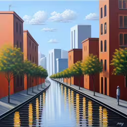 a painting of people in a city and trees,there is a picture of the city from the river,a painting of the city with a man walking by,a painting of a man walking down a canal,a painting shows the buildings lining a canal