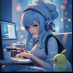 anime character sitting in front of computer screen with headphones