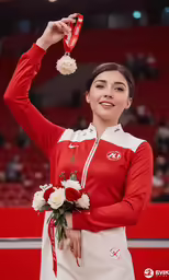 a woman wearing a white dress and holding a medal