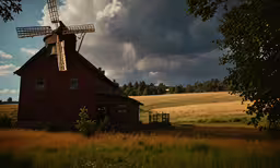 a brown barn in front of a green field,a windmill sits in front of a barn and a grassy pasture