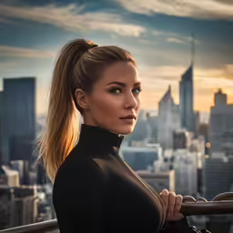 beautiful woman with ponytail wearing black and posing in front of cityscape