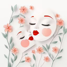 a paper face with a nose with hearts surrounded by flowers and foliage
