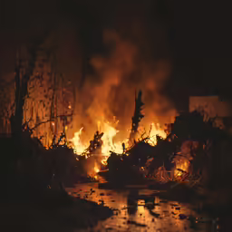 fire burning through the night sky in front of some bushes