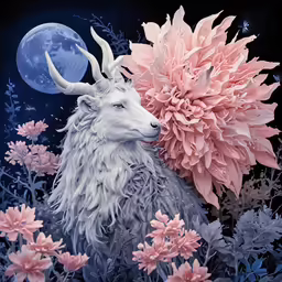 painting of a goat with flowers and moon