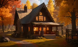 a cabin with wood and metal roof near woods,a painting of a log cabin with trees in the background