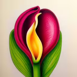 a flower is painted on the wall and has leaves,a painting of a flower that is pink and yellow,a large flower with a green leaf sticking out of it,a large flower with bright red and yellow petals on it,a painting of a flower that is on a white wall