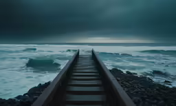 a train track is next to an ocean shore