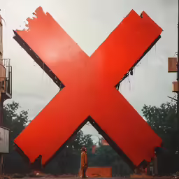 a giant x sign being worked on in front of a building
