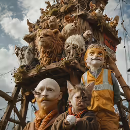 two young boys with creepy face dolls standing on a bridge