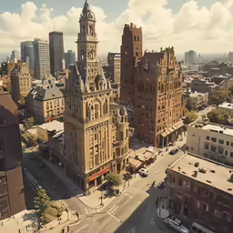 an old view of large buildings and a street