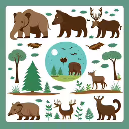 the poster depicts various animals of different types,a set of various animal in the forest,a couple of wild animals and trees,a pattern depicting different animals in the forest,a photo with different animal