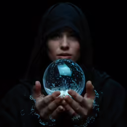 woman in black hoodie holding glass ball with snow crystals on it