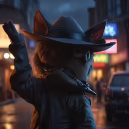 the animation wolf stands out against the rain and the city lights