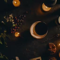 a table that has candles, plates, and some fruits on it