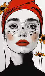 a woman with red scarf and sunflowers in her hair
