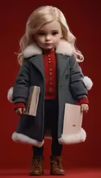 the doll has a bag and coat on her head