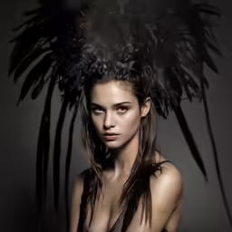 a woman in a feathered hat posing for a photo