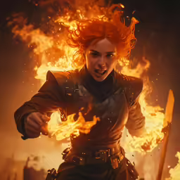 a young redhead woman dressed in full costume running away from a flame