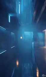 a hallway in the house is bathed in blue lights