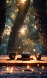 two tea cups and a teapot are sitting on a wooden table outside with sunlight streaming through