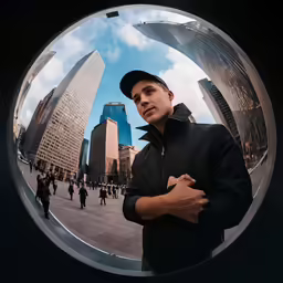 a man is seen through a circular mirror with people in the background