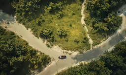 an aerial view of a road in the woods
