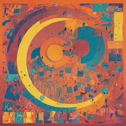 an art work of colorful shapes and colors,the painting is orange and blue with different colors