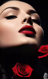 a woman with black eyes wearing red lipstick and roses on her face