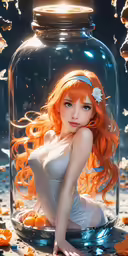 a young girl in white with red hair next to a glass jar
