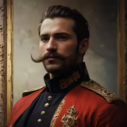 the man is wearing a large red coat and gold trimming