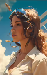 a woman wearing sunglasses and some clouds and sun