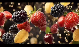 raspberries, strawberries and blackberries on a branch