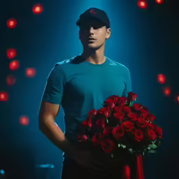 man with cap holding large bouquet of red roses