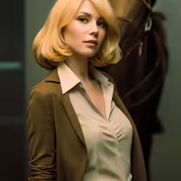 the blond haired woman poses with a horse