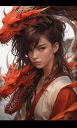 a girl with a red dragon head in the background