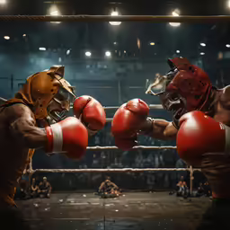 two male fighters spar in the ring during a bout