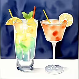 two glasses of drinks sit on top of a table,two glasses are shown with drinks garnished,a couple of drinks sitting next to each other,two glasses full of drink and one with a lemon slice,two cocktails sit side by side on a blue background