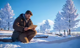 the man is looking at his tablet in the snowy area