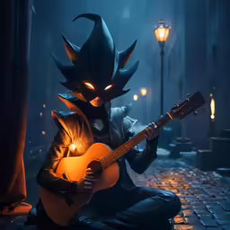 a demonic looking person holding an acoustic guitar