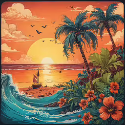 an orange and yellow sunset with a palm tree and boat,this is a painting of a tropical sunset
