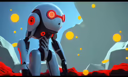 a robot standing in front of some rocks
