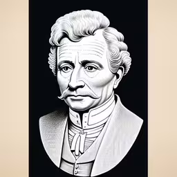 an illustration of a man in black and white with wavy hair,an old man wearing a black suit and a bow tie,black and white image of thomas burns,a portrait is featured with a black background,a portrait of albert davis spencer has been drawn in black and white