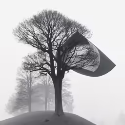 a tree on top of a hill with a black and white photograph
