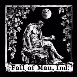 a statue with the caption of an image, that reads fall of man, ind
