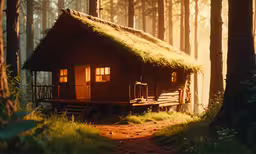a house with grass roof on top in the woods,small wooden cabin with a green roof in the woods