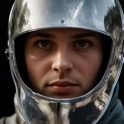 a man wearing an armor is staring directly into the camera